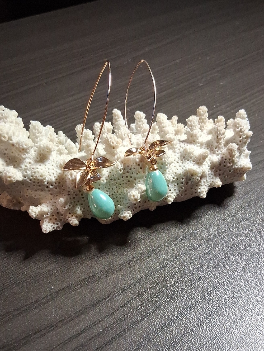 Gold Leaf Hoop Earrings with Iridescent Turquoise Teardrop